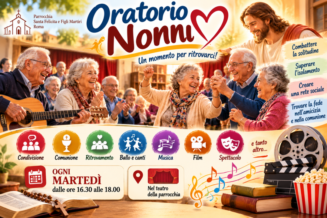 Nonni riuniti all'Oratorio dei Nonni durante un pomeriggio di festa